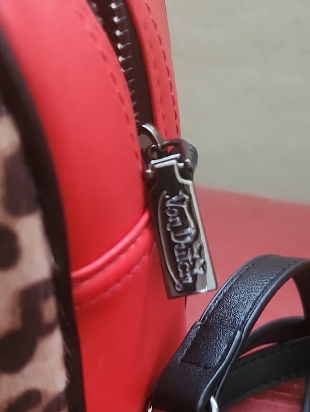 Von Dutch Leopard Print Crossbody Satchel in Brown with Red Accents - Picture 2 of 5